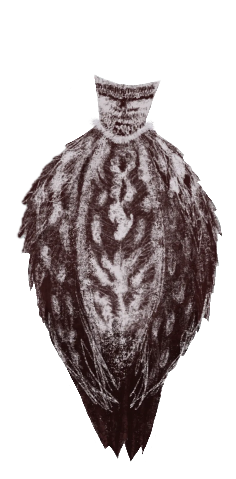 Back view of La Guerrière d’Athéna, showing the fitted bodice and layered feather work down the skirt